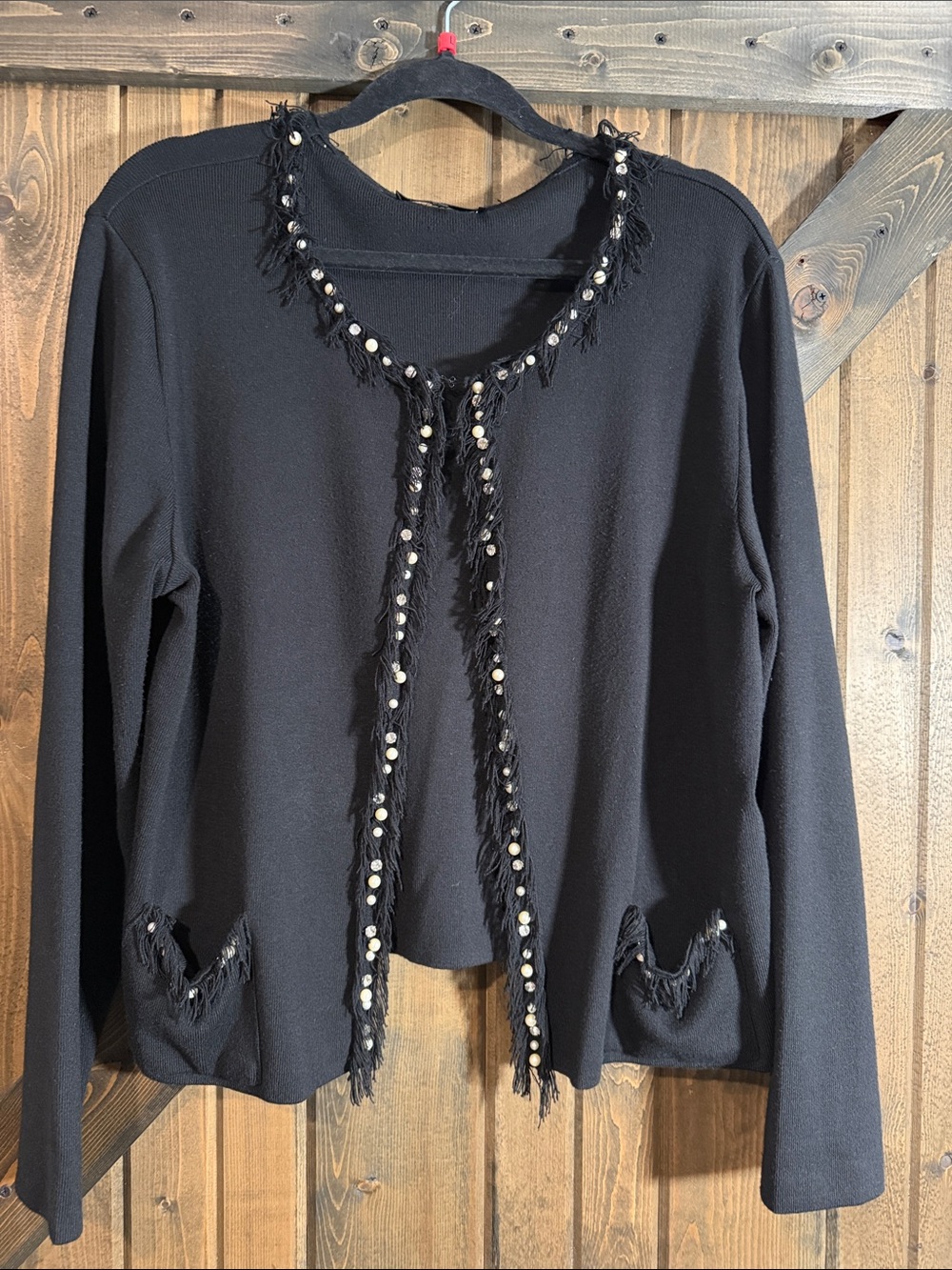 Women’s Black Beaded Fringe Open Cardigan Sweater